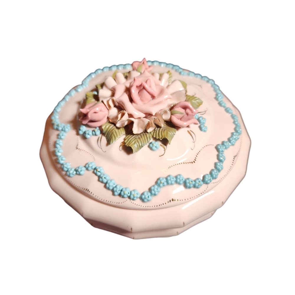 Vintage Reina Califa Bone China 217 Pink Ornate Rose‎ Lidded Trinket Box 5"HX6"D